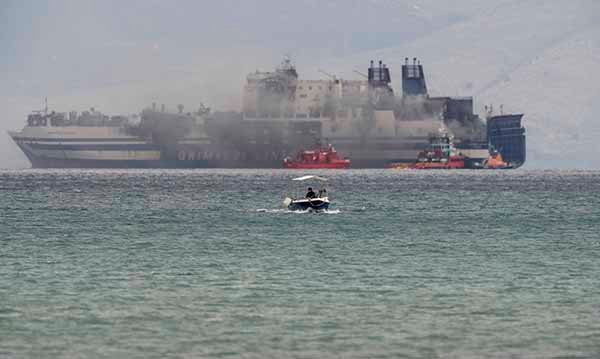 Rescue teams in Greece searched a burning ferry
